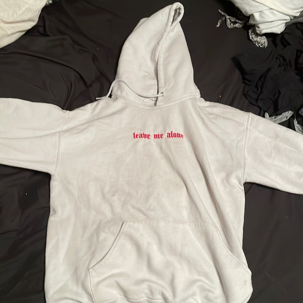 White hoodie in red lettering-leave me alone size medium